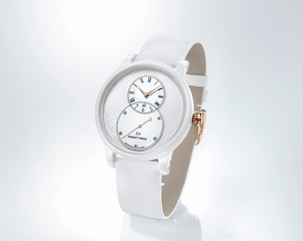 雅克德罗回归纯白初心推出白色陶瓷巴黎格纹大秒针腕表